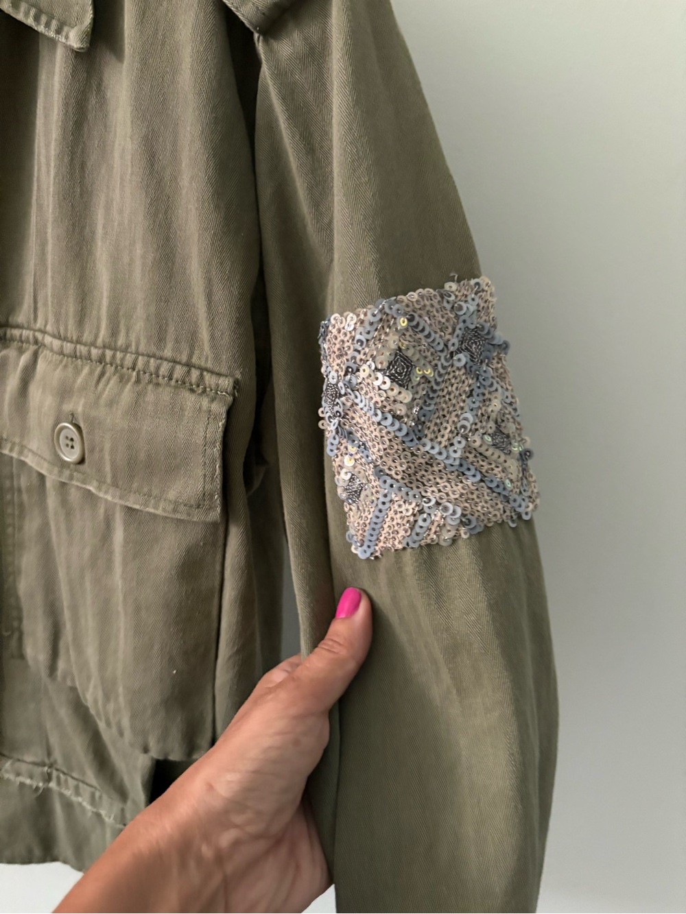 Olive Utility Jacket with Sequin Patch - Picture 2 of 4